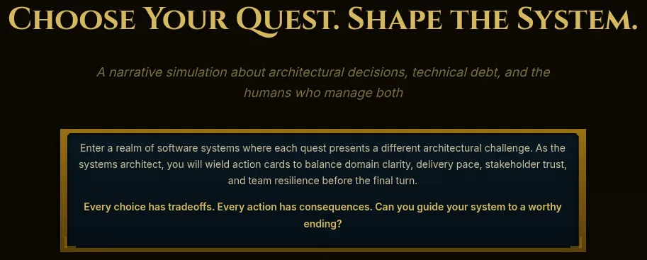 DDDnD introduction screen, inviting you to join the adventure that is Software Delivery and Systems Architecture