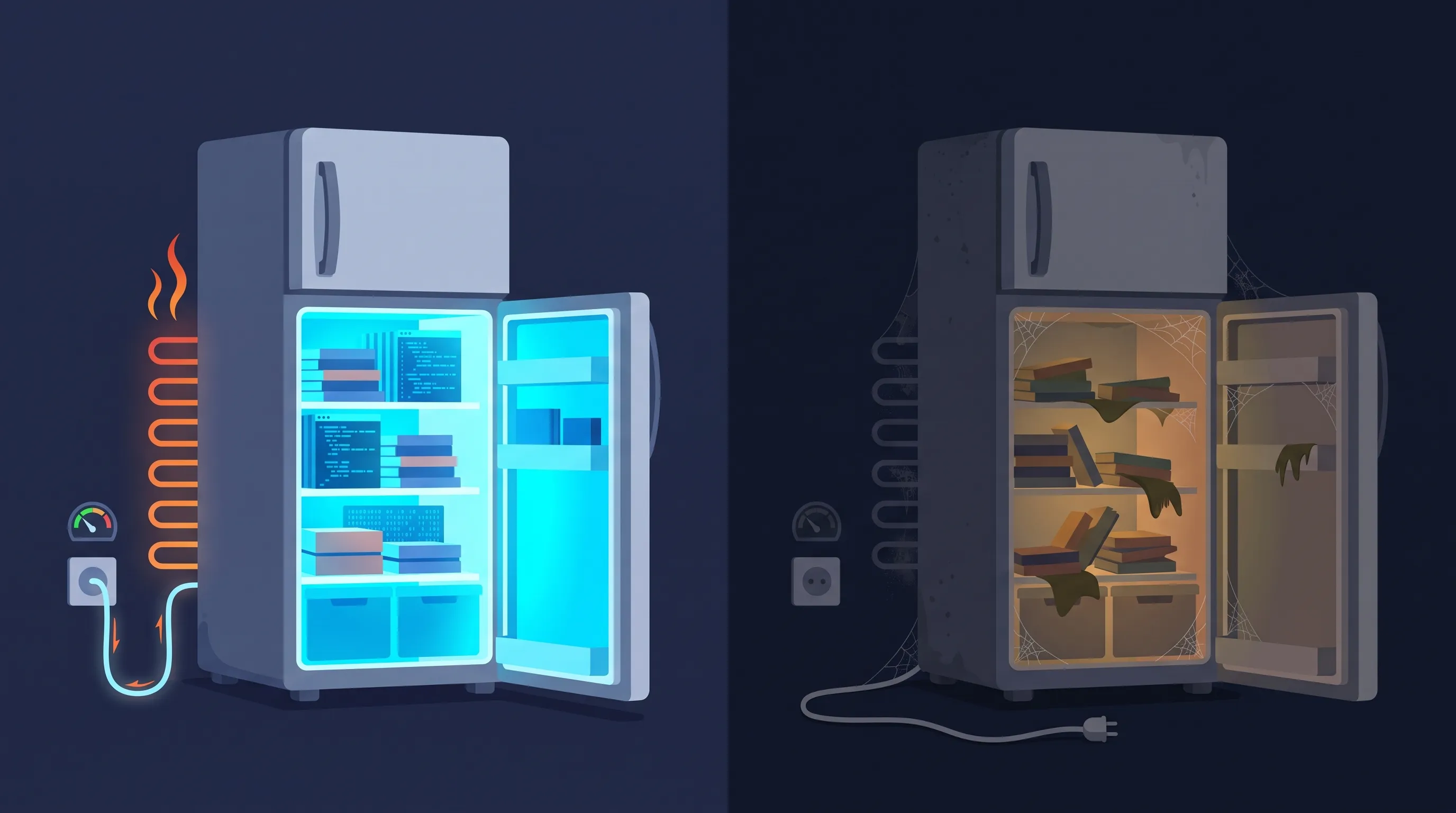 A fridge plugged in and cold, next to the same fridge unplugged and spoiled